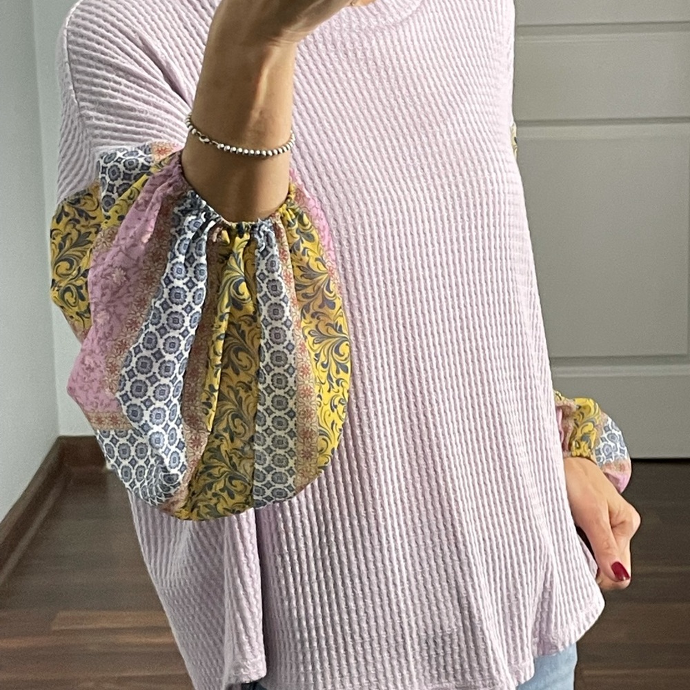 Blue - Pepper Lavender Thermal with Contrasting Ballon Sleeves Top size M - Picture 5 of 8